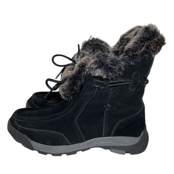 Lands End Women's Black Suede Winter Boots Size 7 B Faux Fur Trim Cold Weather - Picture 7 of 12